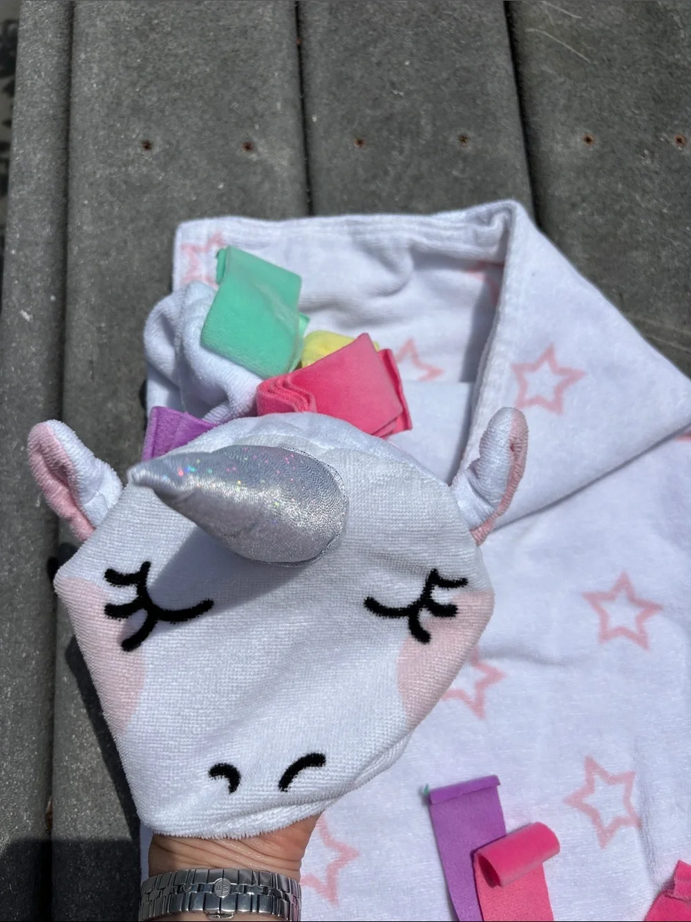 Kids White & Pink Star Hooded Bath Towel with Sparkle Unicorn, Shower, 4’ x 2’